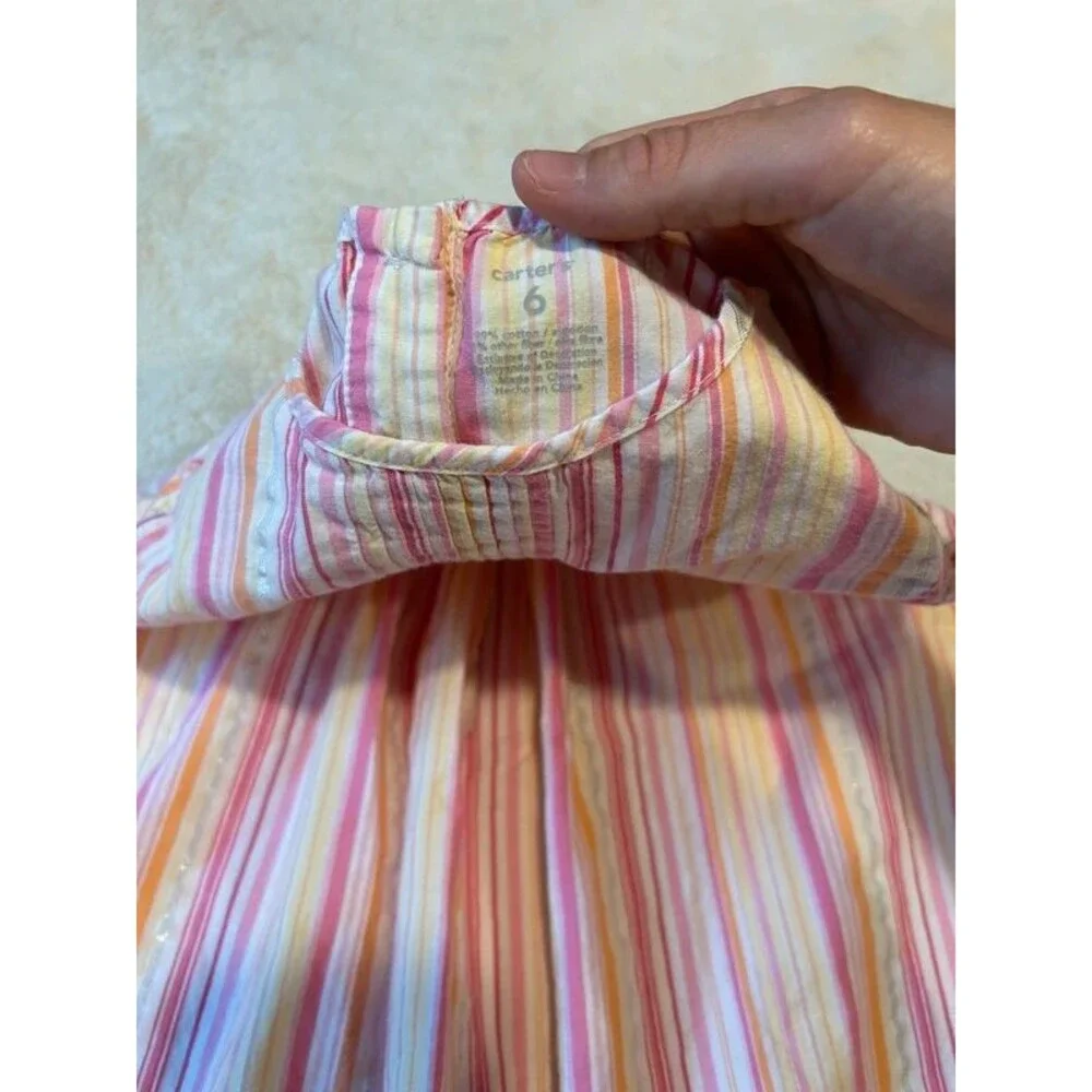 Y2K Vintage Carter's Girls 6 Pink Striped Embroidered Flowers Cap Sleeve Dress
